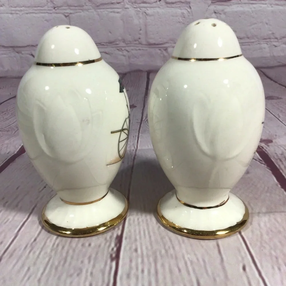Vintage Porcelain Buggy Warranted 22 Karat Gold Salt and Pepper Shaker Pair